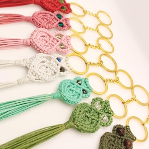 Può includere: Una collezione di portachiavi fatti a mano con disegni di rane all'uncinetto in vari colori, tra cui rosso, rosa, verde e bianco. Ogni portachiavi ha un anello e un nappa dorati.
