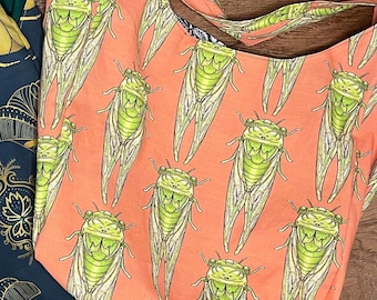 Pink and green Cicada print Hobo bag