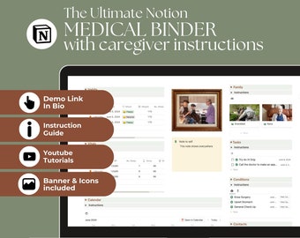 Op de afbeelding: Een laptopscherm dat een Notion-werkruimte weergeeft met de titel "The Ultimate Notion Medical Binder with caregiver instructions". De werkruimte bevat secties voor "Vitals", "Calendar", "Family", "Tasks" en "Conditions".
