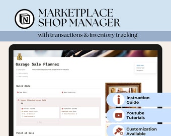 Op de afbeelding: Een laptopscherm dat een website voor een garageverkoop planner weergeeft. De website heeft een lichtbruine achtergrond en beschikt over een sectie voor "Snelle toevoegingen" met opties voor "Nieuwe verkoop" en "Nieuwe voorraad". De website heeft ook een sectie voor "Verkooppunt" en een sectie voor "Instructiehandleiding", "Youtube-tutorials" en "Aanpassing beschikbaar".