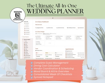 Op de afbeelding: Een screenshot van een Notion-sjabloon voor een bruiloftplanner. Het sjabloon bevat secties voor een budget, taken, afspraken en een gastenlijst. De tekst "The Ultimate All-In-One Wedding Planner" staat bovenaan het scherm.
