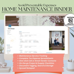 May include: A computer screen displaying a Notion template for a home maintenance binder. The template includes sections for service tracking, tax expense spreadsheets, vendor contacts, project checklists, document storage, and a synced notepad. The screen is on a desk with a potted plant and a cup.