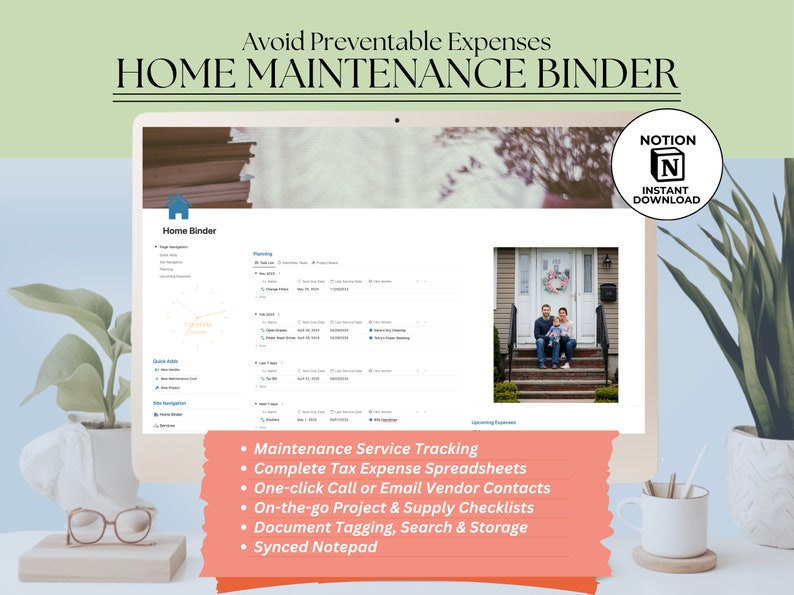 May include: A computer screen displaying a Notion template for a home maintenance binder. The template includes sections for service tracking, tax expense spreadsheets, vendor contacts, project checklists, document storage, and a synced notepad. The screen is on a desk with a potted plant and a cup.