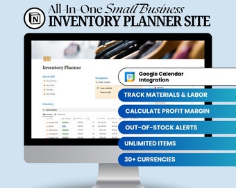 Op de afbeelding: Een computerscherm dat een website voor een voorraadplanner weergeeft. De website heeft een blauw en wit kleurenschema en bevat functies zoals snel toevoegen, voorraad, navigatie, Google Agenda-integratie, het bijhouden van materialen en arbeid, het berekenen van de winstmarge, voorraadtekortmeldingen, onbeperkte items en meer dan 30 valuta. De website stelt gebruikers ook in staat om gegevens te importeren vanuit Google Sheets, Notion en andere platforms.