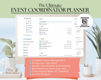 Op de afbeelding: Een computerscherm dat een Notion-werkruimte voor evenementplanning weergeeft. De werkruimte is georganiseerd in secties voor taken, site-navigatie en instructies. De tekst "The Ultimate Event Coordinator Planner" wordt bovenaan het scherm weergegeven. De tekst "Notion Instant Download" wordt in een vak aan de rechterkant van het scherm weergegeven. Onder het scherm wordt een lijst met functies weergegeven: "Complete Guest Management", "Dining Cost Calculator", "Vendor Coordination & Scheduling", "Mood Board & Decor Overview", "Consolidated Week-Of Checklists" en "Synced Notepad".