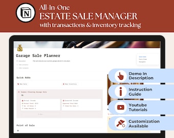 Op de afbeelding: Het scherm van een laptop waarop een softwareprogramma wordt weergegeven met de naam "Estate Sale Manager". Het programma is ontworpen om gebruikers te helpen bij het plannen en uitvoeren van garageverkopen. Het scherm toont een sectie genaamd "Garage Sale Planner" met een lijst met functies, waaronder "Quick Adds", "New Sale" en "New Inventory". Het scherm toont ook een sectie genaamd "Point of Sale" met het nummer "0". Het scherm toont ook een sectie genaamd "Summer Cleaning Garage Sale" met een lijst met functies, waaronder "Actual Income", "Expected Income", "No. of Sales" en "Items Sold". Het scherm toont ook een sectie genaamd "Demo In Description", "Instruction Guide", "Youtube Tutorials" en "Customization Available".