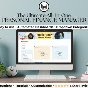 May include: A computer screen displaying a personal finance manager software interface. The screen shows a dashboard with charts and graphs, a finance hub, and a master budget for the Smith Family. The software features a dropdown menu for categorizing expenses and automated dashboards.