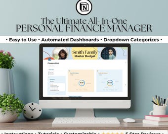 Op de afbeelding: Een computerscherm met een software-interface voor het beheren van persoonlijke financiën. Het scherm toont een dashboard met grafieken en diagrammen, een financiële hub en een masterbudget voor de familie Smith. De software heeft een vervolgkeuzemenu voor het categoriseren van uitgaven en geautomatiseerde dashboards.