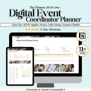 Puede incluir: Una plantilla de planificador de eventos digital con una pantalla de computadora que muestra la interfaz. La pantalla muestra las palabras "Multi Event Planner Home" y una lista de funciones que incluyen "Guest Lists", "RSVPs", "Supplies", "Services", "Tasks", "Dining" y "Execution Checklist". La plantilla se describe como "The Ultimate All-In-One Digital Event Coordinator Planner" y tiene 5 estrellas. La imagen también muestra una tableta con la misma interfaz. La imagen tiene un fondo blanco con un borde azul claro.
