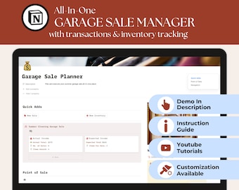 Op de afbeelding: Een screenshot van een computerscherm waarop een softwareprogramma wordt weergegeven met de naam "Garage Sale Manager". Het programma is ontworpen om gebruikers te helpen bij het plannen en beheren van garageverkopen. Het scherm toont een lijst met functies, waaronder "Snelle toevoegingen", "Nieuwe verkoop", "Zomer schoonmaak garageverkoop", "Werkelijke inkomsten", "Verwachte inkomsten", "Verkooppunt" en "Demo in beschrijving".