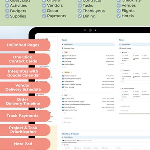 May include: A screenshot of a computer screen showing a Notion template for event planning. The template includes sections for tasks, notes, and a month-at-a-glance calendar. The template is designed to help users track and coordinate all aspects of their event, including guest lists, activities, budgets, supplies, orders, vendors, decor, payments, contracts, tasks, thank-yous, dining, checklists, venues, flights, and hotels.