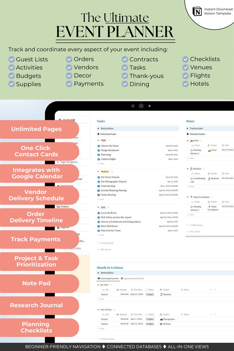 May include: A screenshot of a computer screen showing a Notion template for event planning. The template includes sections for tasks, notes, and a month-at-a-glance calendar. The template is designed to help users track and coordinate all aspects of their event, including guest lists, activities, budgets, supplies, orders, vendors, decor, payments, contracts, tasks, thank-yous, dining, checklists, venues, flights, and hotels.