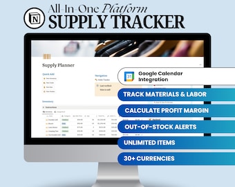 Op de afbeelding: Een computerscherm dat een website genaamd "Supply Tracker" weergeeft met een blauw-wit kleurenschema. De website biedt een verscheidenheid aan functies, waaronder een voorraadplanner, voorraadbeheer, ordertracking, Google Agenda-integratie en de mogelijkheid om materialen en arbeid te volgen. De website stelt gebruikers ook in staat om winstmarges te berekenen, meldingen over voorraadtekorten te ontvangen, onbeperkte items te beheren en met meer dan 30 valuta's te werken.