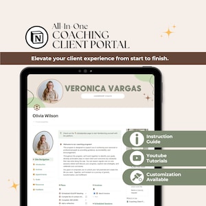 Könnte beinhalten: Ein Screenshot einer Coaching-Kundenportal-Website. Die Website ist für einen Leadership-Coach namens Veronica Vargas konzipiert. Die Website verfügt über ein Navigationsmenü mit Optionen für die Navigation auf der Website, Einführungen, Termine, Ziele, Ressourcen, Feedback, Pläne, Rechnungen und geplante Sitzungen. Die Website enthält auch einen Bereich für Anleitungen, YouTube-Tutorials und Anpassungsmöglichkeiten.