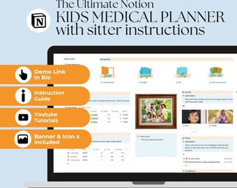Op de afbeelding: Een laptopscherm dat een Notion-pagina weergeeft met de titel "The Ultimate Notion Kids Medical Planner with Sitter Instructions". De pagina bevat secties voor familie, instructies, taken en voorwaarden. De pagina is ontworpen om ouders te helpen bij het organiseren van de medische informatie van hun kinderen en om instructies te geven aan oppassers.