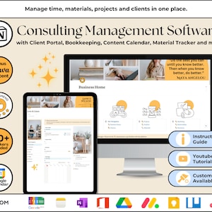Può includere: Uno schermo di computer che mostra un sito web per un software di gestione della consulenza. Il sito web offre un portale clienti, la contabilità, un calendario dei contenuti, un tracker dei materiali e molto altro. Il sito web è progettato con un aspetto moderno e pulito. Lo schermo è circondato da uno sfondo bianco con un effetto a stella gialla. Il testo "Fai del tuo meglio finché non sai meglio. Poi, quando sai meglio, fallo meglio." di Maya Angelou è visualizzato sullo schermo. Il testo "Software di gestione della consulenza" è visualizzato in un grande carattere nella parte superiore dello schermo.