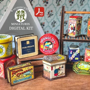 PDF Printable Kit - 1:12 Vintage Keks und Candy Tin Sammlung von 13 Minis, DIY Puppenhaus Miniatur, Vorratskammer Zubehör