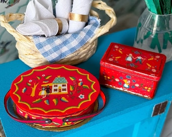 Miniature Red Vintage Scenic Folk Art Tins, 1:12 scale papercraft dollhouse miniature accessories, Sadie&#39;s Kitchen