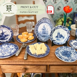 PDF Printable Kit - 1:12 Delft Blue Tellersammlung, DIY Puppenhausminiatur, DIY Esszimmer Zubehör, Sadie's Küche