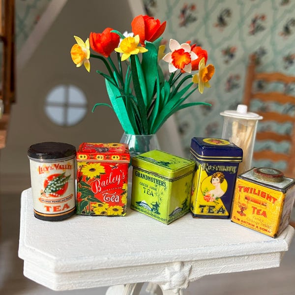 Miniature Vintage Rainbow Tea Tins Collection, 1:12 scale papercraft dollhouse miniature, kitchen pantry accessories, Sadie's kitchen