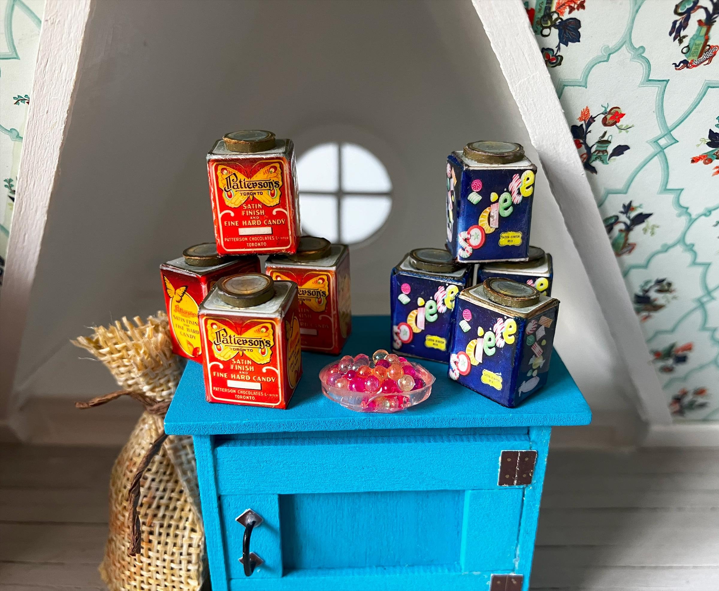 Miniature Antique Hard Candy Tins, 1:12 scale papercraft dollhouse miniature accessories, Sadie's Kitchen