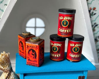 Miniature Red and Orange Vintage Coffee Tins, 1:12 scale papercraft dollhouse miniature, kitchen pantry accessories, Sadie's kitchen