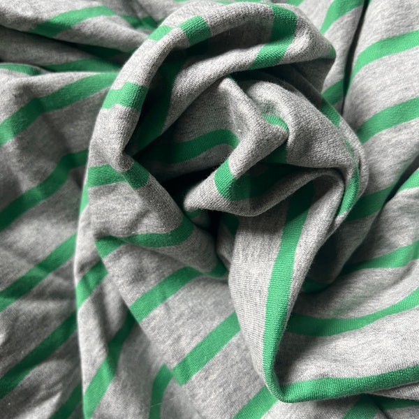 Grey / Green Stripe Cotton Jersey Knit Fabric