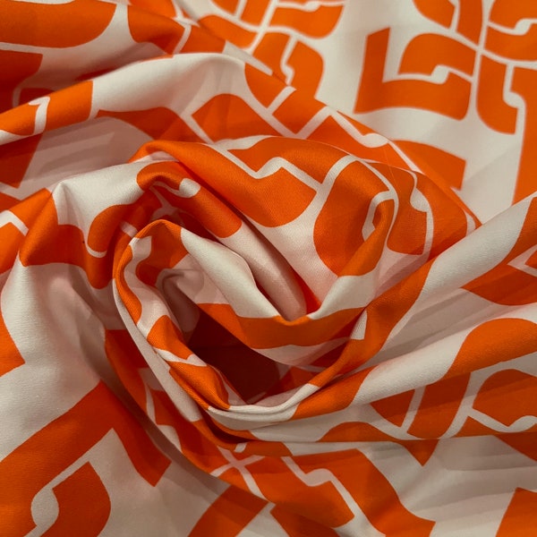Cream with Orange Geometric Print Cotton Lycra Fabric