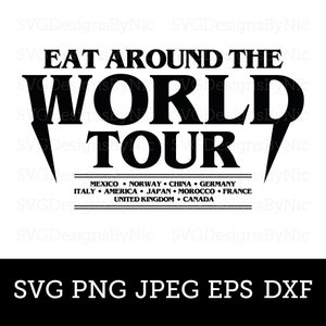 May include: Black and white graphic design with the text "Eat Around The World Tour" and a lightning bolt design. The text "Mexico, Norway, China, Germany, Italy, America, Japan, Morocco, France, United Kingdom, Canada" is listed below the main text.