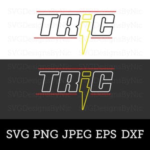 May include: A black and white graphic design of the word "TRIC" with a yellow lightning bolt. The word is in a bold, blocky font and the lightning bolt is stylized. The design is set against a white background with red lines above and below the word.