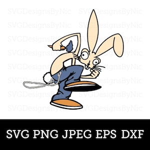 May include: A cartoon illustration of a rabbit wearing blue jeans and suspenders, with a wrench in its back pocket. The rabbit is running with a determined expression. The image includes the text "SVG PNG JPEG EPS DXF" at the bottom.
