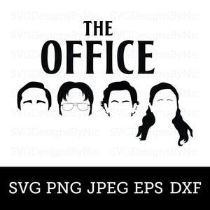 Może przedstawiać: Czarno-biała grafika z napisem "THE OFFICE" nad czterema sylwetkami postaci. Poniżej obraz zawiera typy plików: SVG, PNG, JPEG, EPS i DXF.