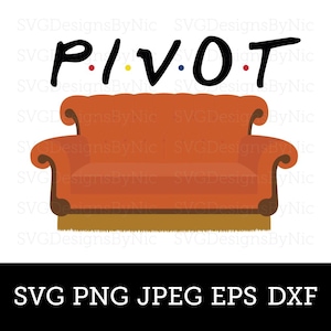 Puede incluir: Un gráfico vectorial con la palabra "PIVOT" en negro, con las letras "I" y "O" en rojo, amarillo y azul. Debajo, un sofá naranja con detalles marrones. La parte inferior de la imagen muestra el texto "SVG PNG JPEG EPS DXF".