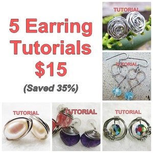 Peut inclure: Cinq images de tutoriels de boucles d'oreilles, chacune montrant un style différent de boucles d'oreilles. Le texte "5 Earring Tutorials $15 (Saved 35%)" est affiché en haut de l'image.