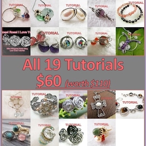 May include: A collage of 19 images showcasing wire wrapped jewelry tutorials. The images feature various jewelry pieces, including rings, earrings, bracelets, and necklaces. The text "All 19 Tutorials $60 (worth $110)" is displayed in the center of the collage.