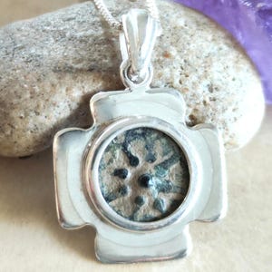 Christian Cross Necklace,  Antique Widow&#39;s Mite Coin Pendant, Jerusalem Jewelry Silver Pendant, Jesus Christ Coin, Christmas gift for Men