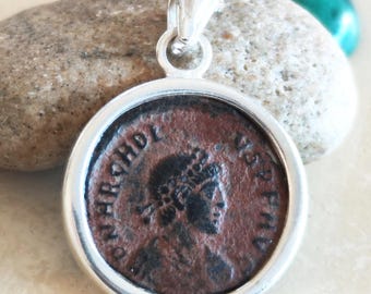 Antique Silver Medallion of Roman Emperor Arcadius, Early Christian Coin Men Jewelry