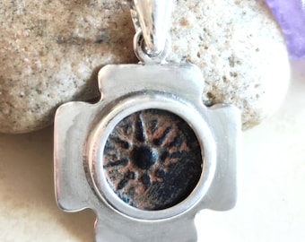 Antique Widow's Mite Coin set in Jerusalem Cross Pendant, Biblical Artifact, Sterling Silver