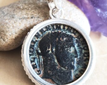 Ancient Roman Coin Pendant, Sterling Silver Galerius 4th Century Medallion