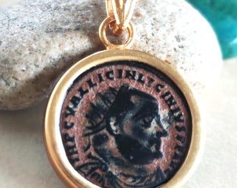 Antique Roman Emperor Licinius Coin Medallion, Gold Plated Sterling Silver Necklace