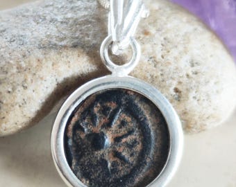 Real Antique Widow's Mite Coin Silver Necklace, Biblical Christian Small Medallion