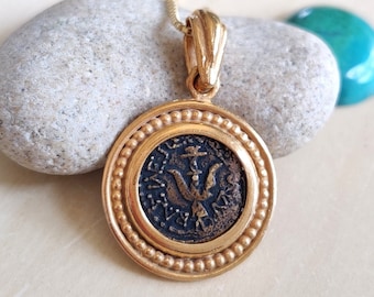 Widow&#39;s Mite Coin Replica Gold Plated Necklace, Christian Ancient Coin pendant, Unisex Christmas Gift, Jesus Bible Coin Necklace