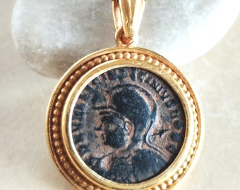 Ancient Roman Empire Coin Medallion, Emperor Licinius I Gold Plated Necklace