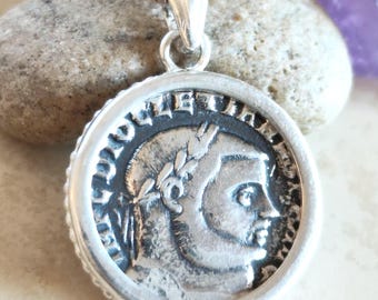 Roman Emperor Diocletian Coin Necklace, Replica Coin Silver Vintage Pendant