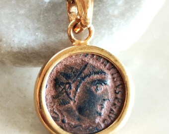 Certified Antique Roman Coin Necklace, Christian Emperor Constantine I Gold Plated Minimalist Medallion