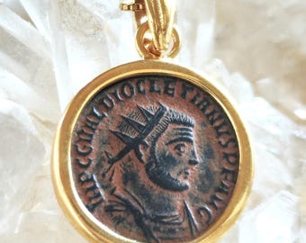 Certified Antique Roman Coin Necklace, Ancient Emperor Diocletian Gold Plated medallion