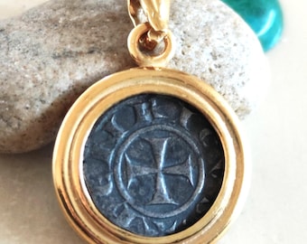 Medieval Crusader State Coin Necklace, 13th Century Knights of Cyprus Cross Pendant, Gold Plated