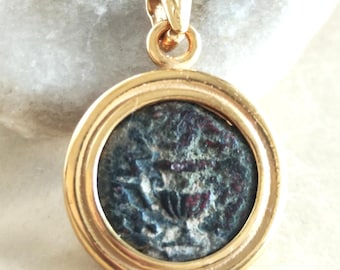 Ancient Masada Coin set in gold plated necklace, Jewish Revolt Freedom of Zion pendant