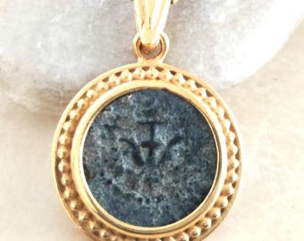 Antique Large Widows Mite Coin Necklace, Jesus Biblical Christian Gold Plated Jewelry