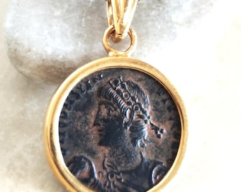 Certified Constantius Coin Medallion, Antique Roman Emperor Pendant, Gold Plated Necklace